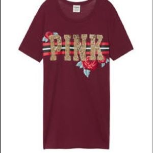 VS Pink maroon, bling, embroidered campus tee